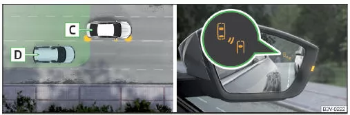 Fahrsituation / Kontrollleuchte im rechten Außenspiegel weist auf die Fahrsituation hin