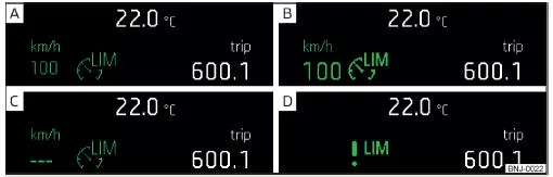  MAXI DOT-Display (monochromatisch): Beispiele für Zustandsanzeigen des Geschwindigkeitsbegrenzers